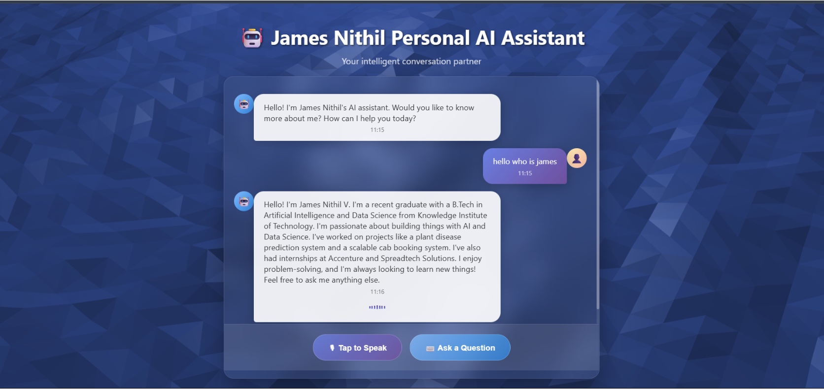 James Nithil Personal AI Assistant Web Interface